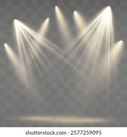 Vector light sources, concert lighting, stage projector set. Concert spotlight with beam, illuminated spotlights for web design and publishing