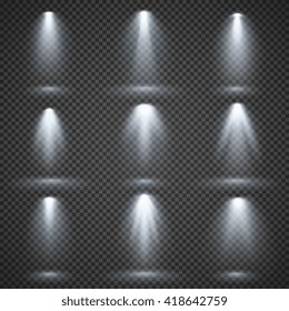 Vector light sources, concert lighting, stage spotlights set. Concert spotlight with beam, illuminated spotlights for web design illustration