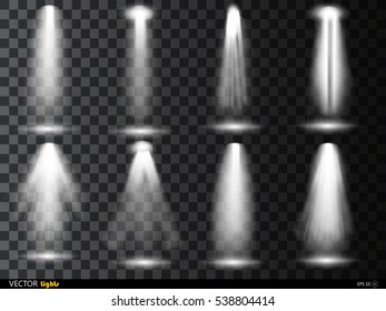 Vector light sources, concert lighting, stage spotlights set. Concert spotlight with beam, illuminated spotlights for web design illustration