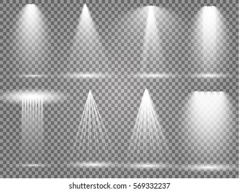 Vector light sources, concert lighting, stage spotlights set. Concert spotlight with beam, illuminated spotlights for web design illustration
