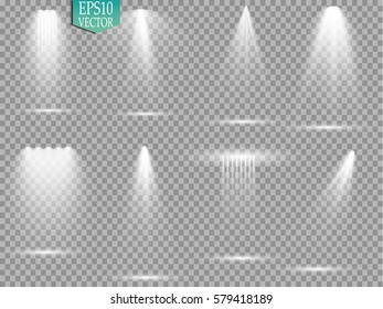 Vector light sources, concert lighting, stage spotlights set. Concert spotlight with beam, illuminated spotlights for web design illustration
