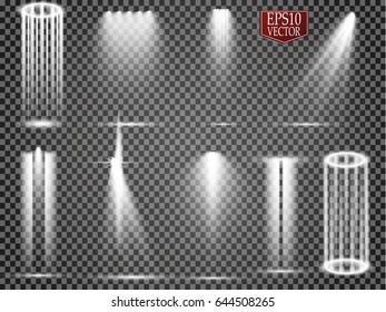 Vector light sources, concert lighting, stage spotlights set. Concert spotlight with beam, illuminated spotlights for web design illustration
