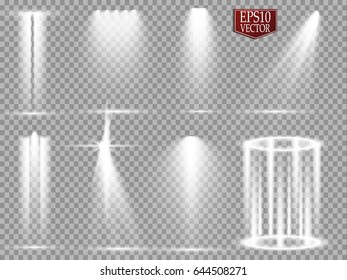 Vector light sources, concert lighting, stage spotlights set. Concert spotlight with beam, illuminated spotlights for web design illustration
