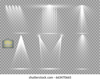 Vector light sources, concert lighting, stage spotlights set. Concert spotlight with beam, illuminated spotlights for web design illustration