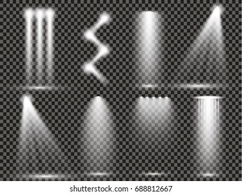 Vector light sources, concert lighting, stage spotlights set. Concert spotlight with beam, illuminated spotlights for web design illustration

