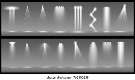 Vector light sources, concert lighting, stage spotlights set. Concert spotlight with beam, illuminated spotlights for web design illustration

