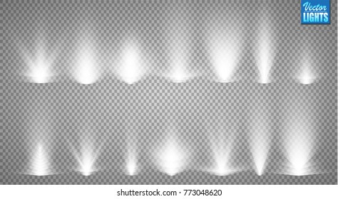 Vector light sources, concert lighting, stage spotlights set. Concert spotlight with beam, illuminated spotlights for web design illustration