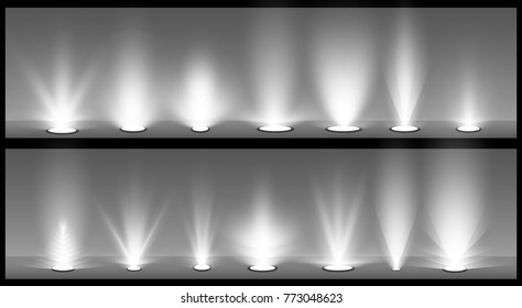 Vector light sources, concert lighting, stage spotlights set. Concert spotlight with beam, illuminated spotlights for web design illustration