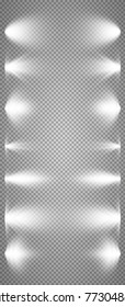 Vector light sources, concert lighting, stage spotlights set. Concert spotlight with beam, illuminated spotlights for web design illustration