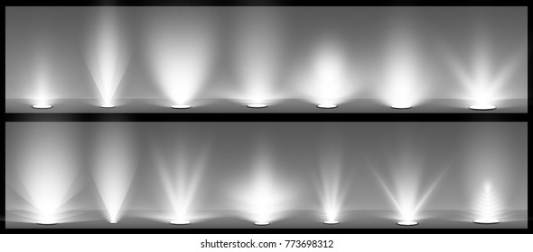 Vector light sources, concert lighting, stage spotlights set. Concert spotlight with beam, illuminated spotlights for web design illustration