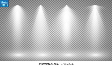 Vector light sources, concert lighting, stage spotlights set. Concert spotlight with beam, illuminated spotlights for web design illustration
