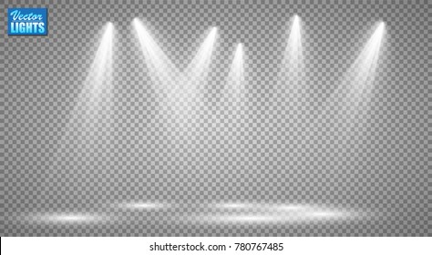 Vector light sources, concert lighting, stage spotlights set. Concert spotlight with beam, illuminated spotlights for web design illustration
