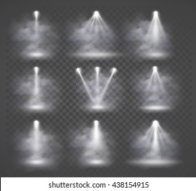 Vector light sources and smoke, concert lighting, stage spotlights set. Concert spotlight with beam, illuminated spotlights for web design illustration