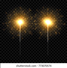 Vector light sparkler decoration. Holiday sparkler firework background isolated bengal bright light.