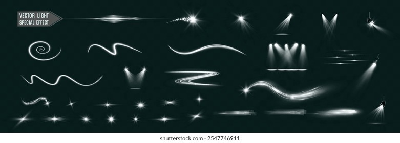 
Vector light special effects with glowing beams, sparkles, spirals, spotlights, and luminous waves on dark background.