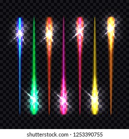 Vector Light Stipes, Motion Lights, Colorful Design Elements Collection Shining on Dark Transparent Background.
