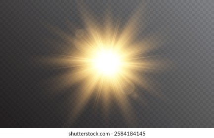 Vector light with sun glare on transparent background. Sunlight with special lens flare effect. Sun rays and glare. Golden flash and glare. Vector nature clear summer sky landscape, bright burst