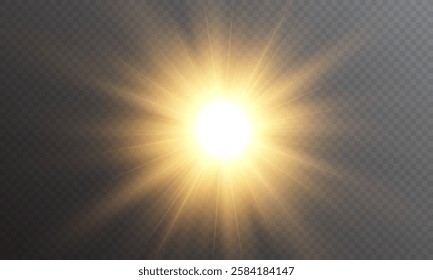 Vector light with sun glare on transparent background. Sunlight with special lens flare effect. Sun rays and glare. Golden flash and glare. Vector nature clear summer sky landscape, bright burst