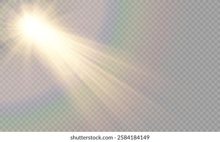 Vector light with sun glare on transparent background. Sunlight with special lens flare effect. Sun rays and glare. Golden flash and glare. Vector nature clear summer sky landscape, bright burst