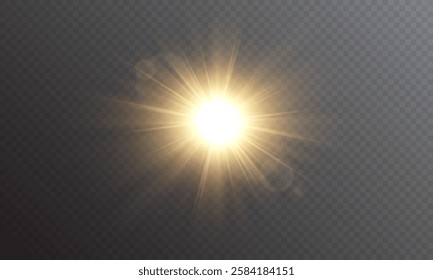 Vector light with sun glare on transparent background. Sunlight with special lens flare effect. Sun rays and glare. Golden flash and glare. Vector nature clear summer sky landscape, bright burst