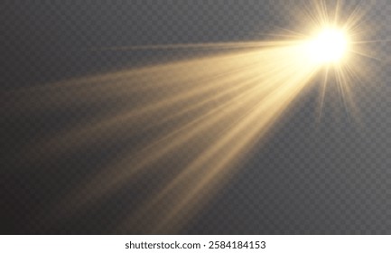 Vector light with sun glare on transparent background. Sunlight with special lens flare effect. Sun rays and glare. Golden flash and glare. Vector nature clear summer sky landscape, bright burst