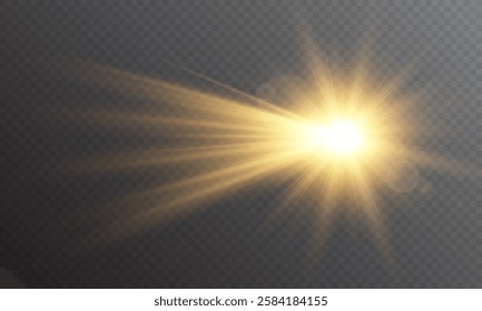 Vector light with sun glare on transparent background. Sunlight with special lens flare effect. Sun rays and glare. Golden flash and glare. Vector nature clear summer sky landscape, bright burst