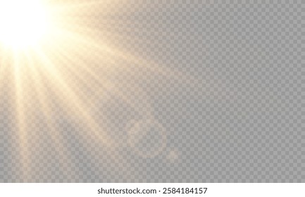 Vector light with sun glare on transparent background. Sunlight with special lens flare effect. Sun rays and glare. Golden flash and glare. Vector nature clear summer sky landscape, bright burst