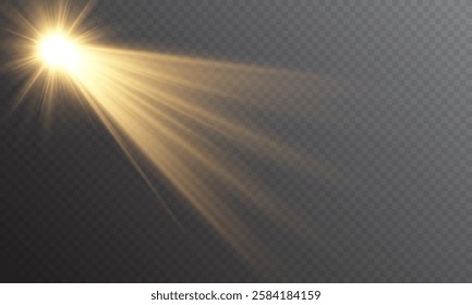 Vector light with sun glare on transparent background. Sunlight with special lens flare effect. Sun rays and glare. Golden flash and glare. Vector nature clear summer sky landscape, bright burst