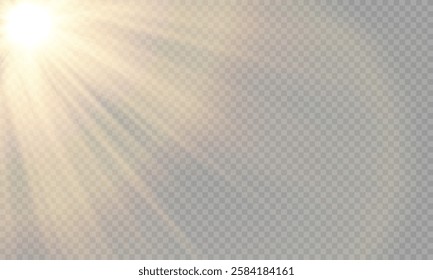 Vector light with sun glare on transparent background. Sunlight with special lens flare effect. Sun rays and glare. Golden flash and glare. Vector nature clear summer sky landscape, bright burst