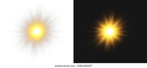 Vector light with sun glare on transparent background. Sunlight with special lens flare effect. Sun rays and glare. Golden flash and glare. Vector nature clear summer sky landscape, bright burst