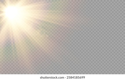 Vector light with sun glare on transparent background. Sunlight with special lens flare effect. Sun rays and glare. Golden flash and glare. Vector nature clear summer sky landscape, bright burst