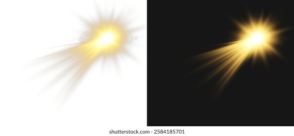 Vector light with sun glare on transparent background. Sunlight with special lens flare effect. Sun rays and glare. Golden flash and glare. Vector nature clear summer sky landscape, bright burst