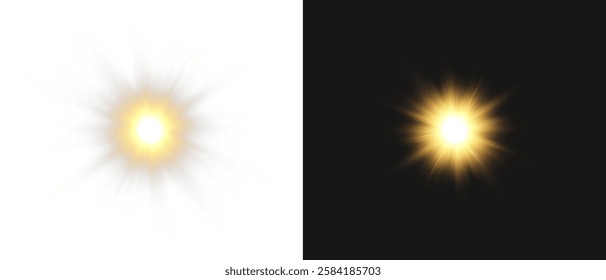 Vector light with sun glare on transparent background. Sunlight with special lens flare effect. Sun rays and glare. Golden flash and glare. Vector nature clear summer sky landscape, bright burst