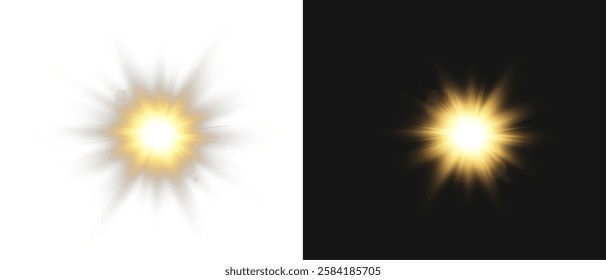 Vector light with sun glare on transparent background. Sunlight with special lens flare effect. Sun rays and glare. Golden flash and glare. Vector nature clear summer sky landscape, bright burst