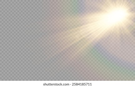 Vector light with sun glare on transparent background. Sunlight with special lens flare effect. Sun rays and glare. Golden flash and glare. Vector nature clear summer sky landscape, bright burst