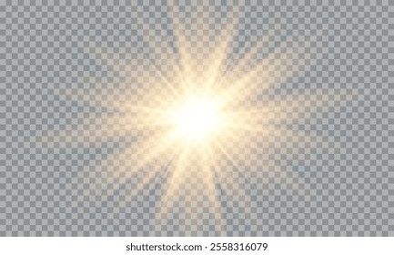 Vector of light with sun glare. Sun rays and glare . Golden flash and glare.