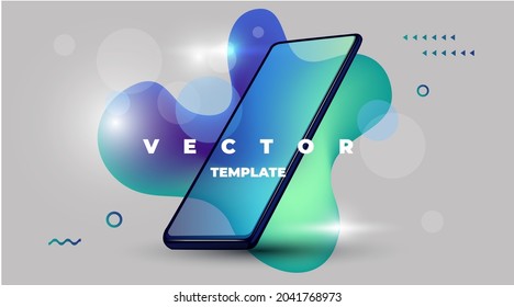 plantilla de luz vectorial con smartphone y formas volumétricas multicolor de caída y formas de geometría simple brillante y plana en el fondo gris
