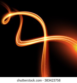 Vector light trace effect. Glowing spark swirl trail tracing on black background. Bokeh glitter fire spiral wave line with flying sparkling flash lights.