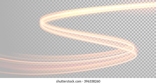 Vector light trace effect. Glowing spark swirl trail tracing on black background.