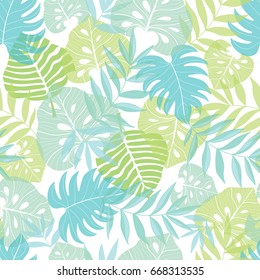 Vector light tropical leaves summer hawaiian seamless pattern with tropical green plants and leaves on navy blue background. Great for vacation themed fabric, wallpaper, packaging.