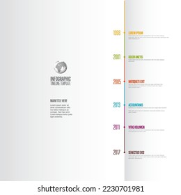 Vector light vertical progress timeline template with six years milestones with descriptions. Light colorful timeline with color headlines on folded paper