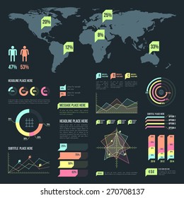 vector light vibrant color infographic design elements set map charts dark background