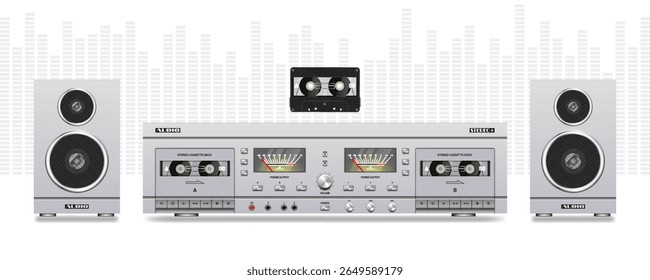Vector light vintage analog music double cassette white deck. Sound recording tape recorder. Buttons and knobs. Arrow screens decibel meter. Retro electronic equipment. Stereo audio system, speakers