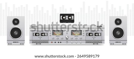 Vector light vintage analog music double cassette white deck. Sound recording tape recorder. Buttons and knobs. Arrow screens decibel meter. Retro electronic equipment. Stereo audio system, speakers