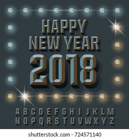 Vector light up vintage Happy New Year 2018 greeting card with set of Letters