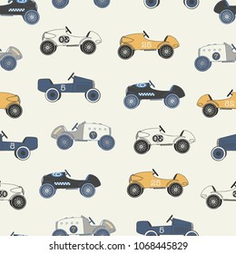 Vector light vintage race cars seamless repeat pattern. Perfect for fabric, wallpaper, wrapping paper and stationery projects.