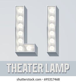 Vector light up white alphabet, Theater lamp graphic font. Letter L