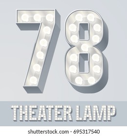 Vector light up white alphabet, Theater lamp graphic font. Numbers 7 8