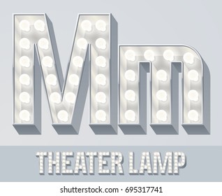Vector light up white alphabet, Theater lamp graphic font. Letter M
