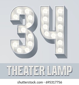 Vector light up white alphabet, Theater lamp graphic font. Numbers 3 4